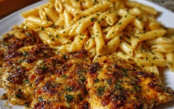 Cheddar Parmesan Garlic Butter Chicken with Creamy Penne Pasta