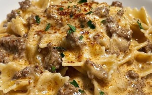 Creamy Parmesan Garlic Beef Bowtie Pasta